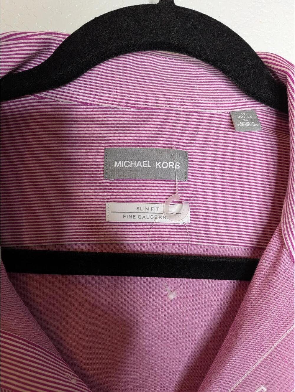 Michael Kors Men’s Slim Fit Dress Shirt XL 17 32/33 Berry Pink Stripe NWT - Picture 4 of 6